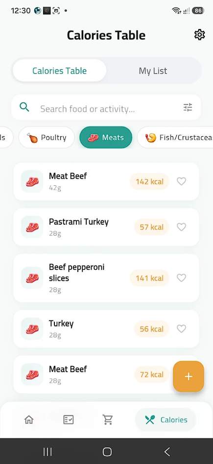 Calories Table Screenshot